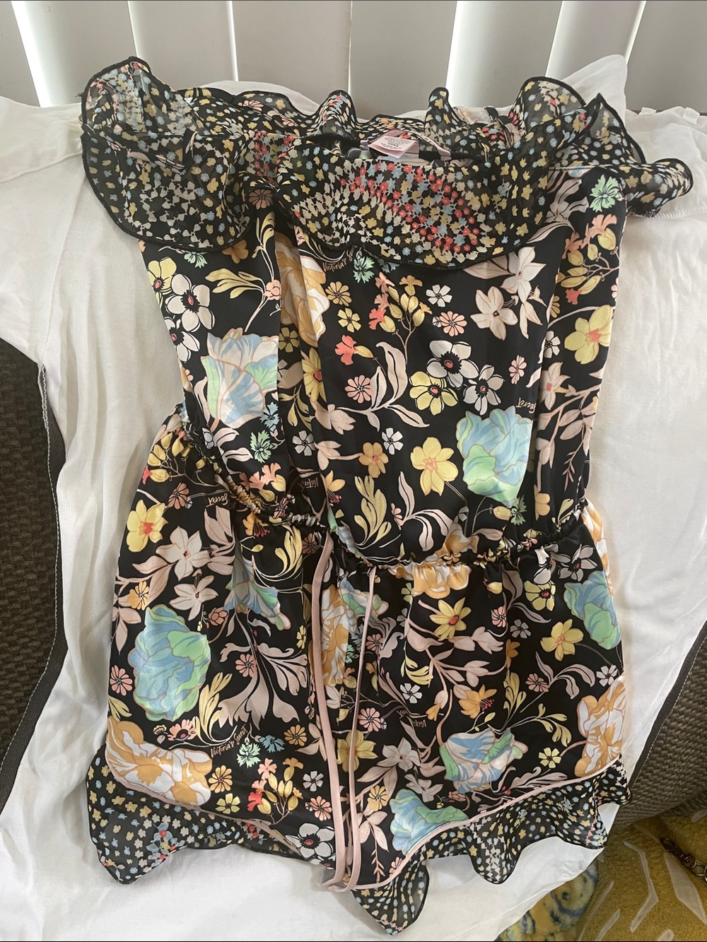 Victoria's Secret Black Floral Print Romper with Pastel Accents